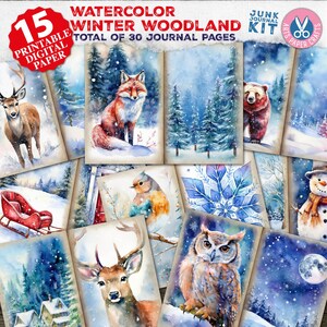 Watercolor Forest Junk Journal Printable Pages - Winter Woodland Animals Junk Journal Kit - Christmas Junk Journal Paper - Collage Sheet