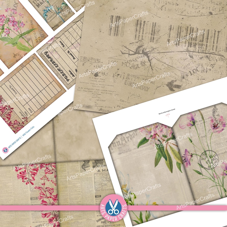 Pocket Tags - Junk Journal Kit - Shabby Floral Folio Pocket - Wild ...