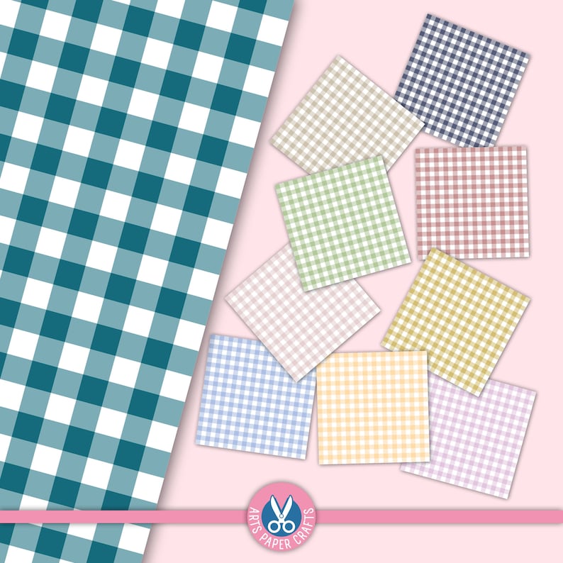 May include: A set of ten digital paper patterns featuring various gingham designs in different colours, including blue, green, pink, yellow, and beige. The patterns are arranged on a pink background.