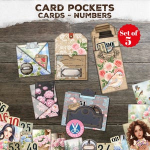 Card Pockets, Flowers, File Folders, Scrapbook Kit, Junk Journal Kit, Printable Vintage, Typography, Embellishment, Printable Ephemera, Card