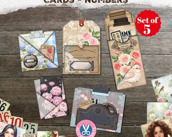 Card Pockets, Flowers, File Folders, Scrapbook Kit, Junk Journal Kit, Printable Vintage, Typography, Embellishment, Printable Ephemera, Card