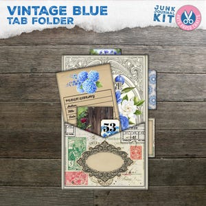 Diário Blue Junk, bolso de página surrado, topos de diário, em camadas, chique, para impressão, álbum de recortes, kit digital, pasta com abas para download, itens efêmeros