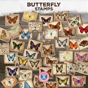 Butterfly Stamps, Junk Journal, Postage Stamp, Embellishment, Stickers, Faux, Ephemera, Printable, Collage Sheet, Scrapbook, Download