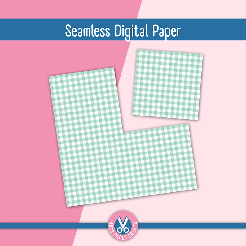 May include: Seamless digital paper with a green and white gingham pattern. The paper is shown in two different sizes, one larger than the other. The text "Seamless Digital Paper" is at the top of the image.