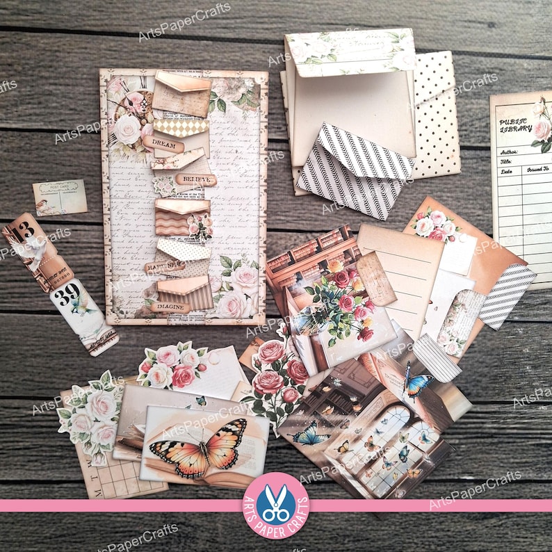 May include: A collection of vintage-style paper ephemera, including envelopes, tags, and cards. The designs feature floral motifs, butterflies, and handwritten script. The color palette includes soft pinks, creams, and browns, creating a romantic and nostalgic feel.