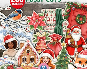 Kit di diario natalizio con fussy cut, vintage, adesivo stampabile, Babbo Natale, biglietto, Cricut, download digitale, bosco, regalo