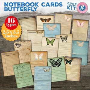 Tarjetas de cuaderno con mariposas, tarjetas de cuaderno antiguas, tarjetas rayadas, papel, descarga digital, kit de efímeras de diario basura, ATC, imprimible, vintage