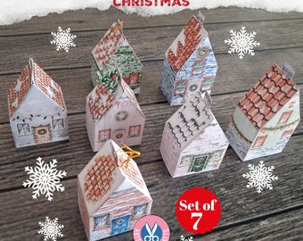Miniature Christmas Village, Junk Journal, Printable, Gift, Ornament, Mini Christmas House, Craft Kit, Digital Download, Tree Decoration Box