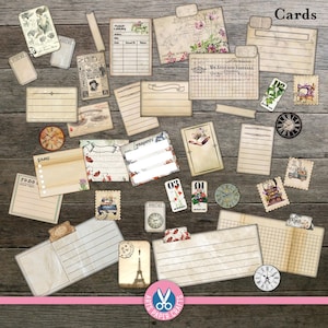 May include: A collection of vintage-style paper ephemera including lined index cards, ledger sheets, postcards, and small tags. The items feature floral illustrations, clock motifs, and text labels like Cards, Goals, and To Do, arranged on a wood surface.