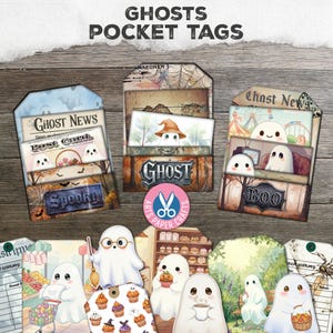 Ghost Card Pockets, Loaded Tags, Halloween Junk Journal Kit, Ideas, Gift, Printable, Digital Download, Pocket Tags, Spooky, Witches, Ghosts image 1