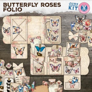 Vintage Butterfly Roses Junk Journal Folio - Neutro - Tríptico - Pasta Carregada - Ephemera - Folhas de Colagem - Kit de Artesanato - Download Digital