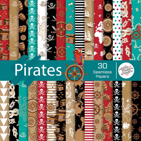 Pirates Digital Paper Sets - Pirates Theme Party - Rouge Noir - Pirates Background - Parrot Scrapbook Papers - Téléchargement instantané