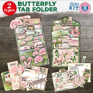 Pastas de abas de borboletas vintage, etiquetas de bolso, escrita surrada, diário de lixo, itens de bolso, kit digital, carimbo, cartão de biblioteca, verde neutro