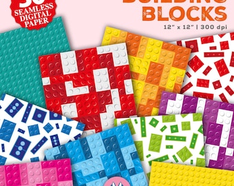 May include: 30 digital papers featuring various colorful building block patterns. Each paper is 12 inches by 12 inches and 300 dpi.