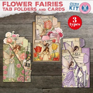 Pastas de abas, fadas de flores, diário de lixo, vintage, pasta, cartão de biblioteca, itens efêmeros, inserção de tulipas de rosas de lavanda, kit digital, para impressão