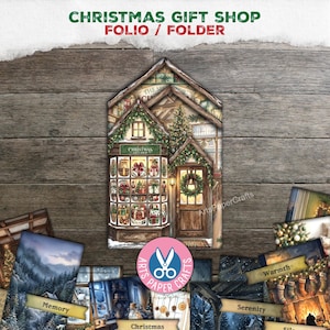 May include: A Christmas gift shop folio folder featuring a detailed illustration of a storefront with a decorated tree, wreaths, and gift displays. The design includes a wooden door, a large window, and festive greenery. The text reads CHRISTMAS GIFT SHOP.