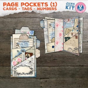 Bolsos de página, kit de diário de lixo, pasta de abas, surrado, azul, vintage, bolso, etiquetas, download digital, cartão de biblioteca para impressão, fólio, pasta