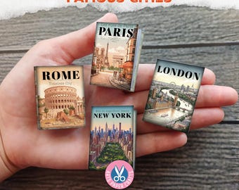 Famous Cities Mini Books, Book Box, Ephemera, Junk Journal Kit, Embellishment, Digital Download, Dollhouse Mini Book, Vintage Miniature Book