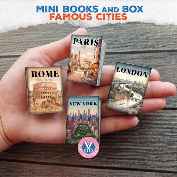 Mini Livros de Cidades Famosas, Caixa de Livros, Artigos Decorativos, Kit para Diário de Arte, Enfeites, Download Digital, Mini Livro para Casa de Bonecas, Livro em Miniatura Vintage