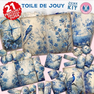 Papiers de découpage vintage Toile de Jouy bleu - Kit d'albums de scrapbooking en toile française - Documents éphémères de journal indésirable - Kits numériques victoriens