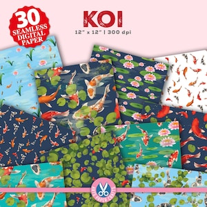 Koi Fish Digital Papers - Japanese art Background - Lotus Koi Seamless Pattern - Fishing Papers - Koi Lotus Scrapbook Paper - Commercial Use