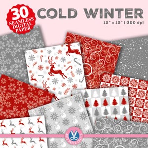 May include: A set of 30 digital papers featuring a winter theme with red and gray snowflakes, reindeer, candy canes, and other wintery designs. The papers are 12 inches by 12 inches and 300 dpi.
