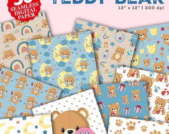 Teddy Bear Digital Paper - Teddy Bear Background - Nursery Seamless Pattern - Instant Download - Baby Boy Scrapbook Paper