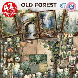 Old Forest Junk Journal Kit, bostonen kieskeurige sneden, afdrukbare ephemera, plakboeken, oude invoeging, envelop, Junk Journal Dark Forest