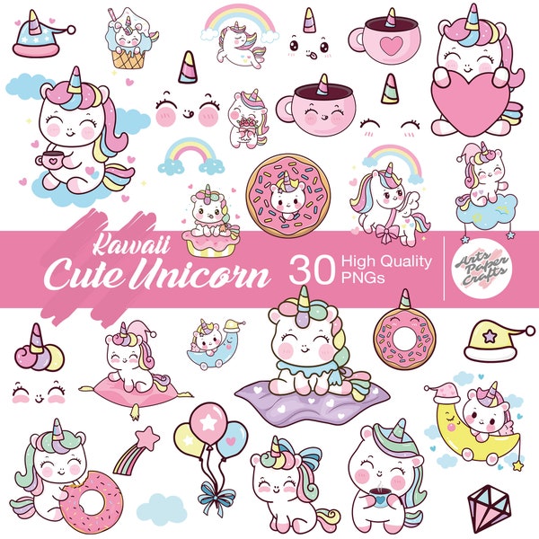 Cute Kawaii Unicorn Clipart - Unicorn High Quality PNG - Instant Download - Unicorn Party - Unicorn Clipart Bundle