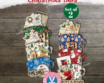 May include: Two vertical Christmas tags featuring stacked mug illustrations with holiday motifs like gingerbread men, snowmen, snowflakes, and poinsettias. The tags include text elements such as 23, 25, Merry, and Holly Jolly, with a Set of 2 label.