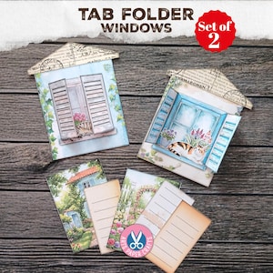 Window Card Pockets, Tab Folder, Shabby, Junk Journal Kit, Vintage, Gift, Flower Fussy Cuts, Digital Download, Loaded Tags, Rustic, Blue