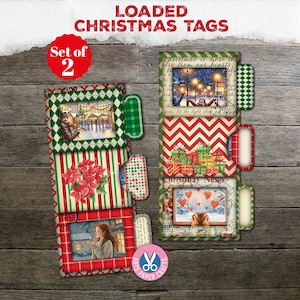 May include: Two decorative Christmas tags featuring festive imagery, including a violinist, poinsettias, a person in snow, a winter street scene, gift boxes, and a mug with hearts. The tags have red, green, and white patterns with text.