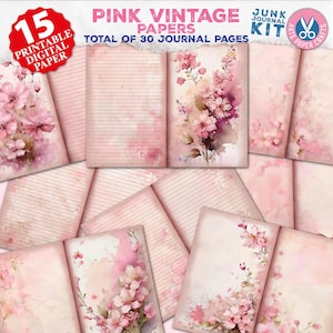 Pinke Seiten für Scrapbook und Junk Journal - Aquarellpapier - Vintage Pinkes digitales Papier - Digitale Ephemera - Vintage Blume - Gepunktetes Papier