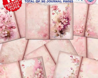 Pink Pages for Scrapbook and Junk Journal - Watercolor Paper - Vintage Pink Digital Paper - Digital Ephemera - Vintage Flower - Lined Paper