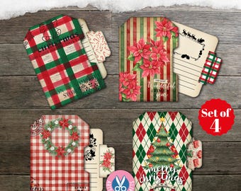 Junk Journal, Notebook Cards, Christmas, File Pocket Tags Ephemera, Printable, Gift, Neutral, Faded Grunge, Digital Download, Folio