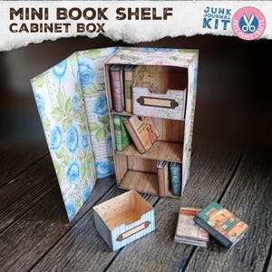 Boekenplank, doos, boekenkast, junkjournaalkit, rozen, miniatuur, geheime kast, afdrukbare ambachtelijke kit, digitale download, miniboekendoos, cadeau