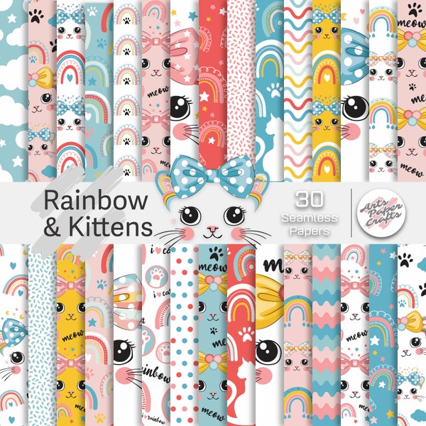 Rainbow and Kitten Digital Paper Sets - Cat Theme Party - Yellow Red Blue - Girl Background - Instant Download - Rainbow Cat Seamless Paper