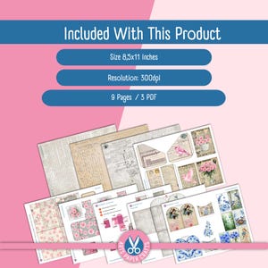 May include: A digital craft kit featuring 9 pages across 3 PDF files, sized 8.5x11 inches at 300dpi. The collection includes vintage-style papers, floral patterns with pink and blue roses, bird illustrations, and various cut-out templates for projects.