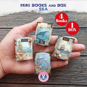 May include: Miniature books with sea-themed illustrations, including a whale, a ship, and jellyfish. The set includes four books and one box. The text on the books reads "The Sea Remembers", "Under the Deep", "The Depths Call", and "The Waves Whisper".