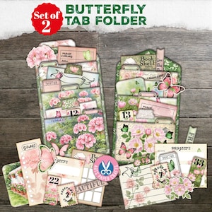 Vintage tabbladen vlinders, zaklabels, armoedig schrift, junkjournaal, kortstondige zakken, digitale kit, stempel, bibliotheekkaart, neutraal groen