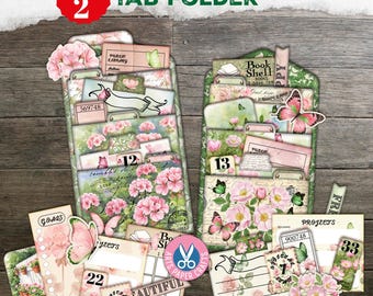 Vintage Butterflies Tab Folders, Pocket Tags, Shabby Script, Junk Journal, Pockets Ephemera, Digital Kit, Stamp, Library Card, Neutral Green
