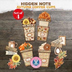 May include: A set of four die-cut coffee cup illustrations featuring autumn themes, including patterns of leaves, acorns, and pumpkins. The set includes decorative elements like sunflowers, orange whipped cream, citrus slices, and banners with text.