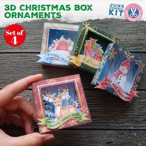 Adornos navideños 3D con caja de sombras, muñeco de nieve, manualidad, ciervo, decoración, descarga digital, regalo, imprimible, idea, rojo, azul y verde, diario basura