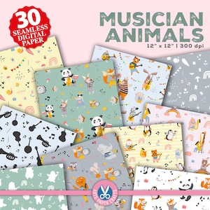 Set di carte digitali Musician Animals - Sfondo di animali - Musica e animali modello senza soluzione di continuità - Download immediato - Music Lover Paper