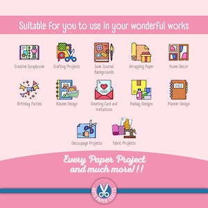 Puede incluir: Gr&aacute;fico rosa con texto e ilustraciones para manualidades en papel. El texto dice "Adecuado para que lo uses en tus maravillosas obras" y "&iexcl;Cada proyecto de papel y mucho m&aacute;s!" Las ilustraciones incluyen &aacute;lbumes de recortes, papel de regalo y decoraciones para fiestas.