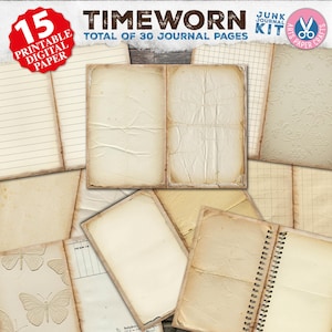 Timeworn Junk Journal Pages, Shabby Lined Double Pages, Blank Lined, Neutral, Old Stained Paper, Digital Ephemera, Coffee Dyed, Printable