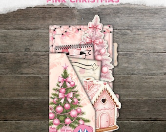Puede incluir: Una carpeta de pestañas titulada TAB FOLDER PINK CHRISTMAS con temática navideña rosa. El diseño incluye un árbol de Navidad decorado con adornos y lazos rosas, una casa de jengibre, luces de cadena e insertos de papel con pancartas vacías.