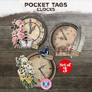Shabby Card Pockets, Vintage Clocks, Junk Journal, Pocket Tags, Ephemera, Paper, Craft, Digital Kit, Printable, Loaded Tags, Embellishment