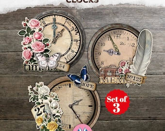 Shabby Card Pockets, Vintage Clocks, Junk Journal, Pocket Tags, Ephemera, Paper, Craft, Digital Kit, Printable, Loaded Tags, Embellishment