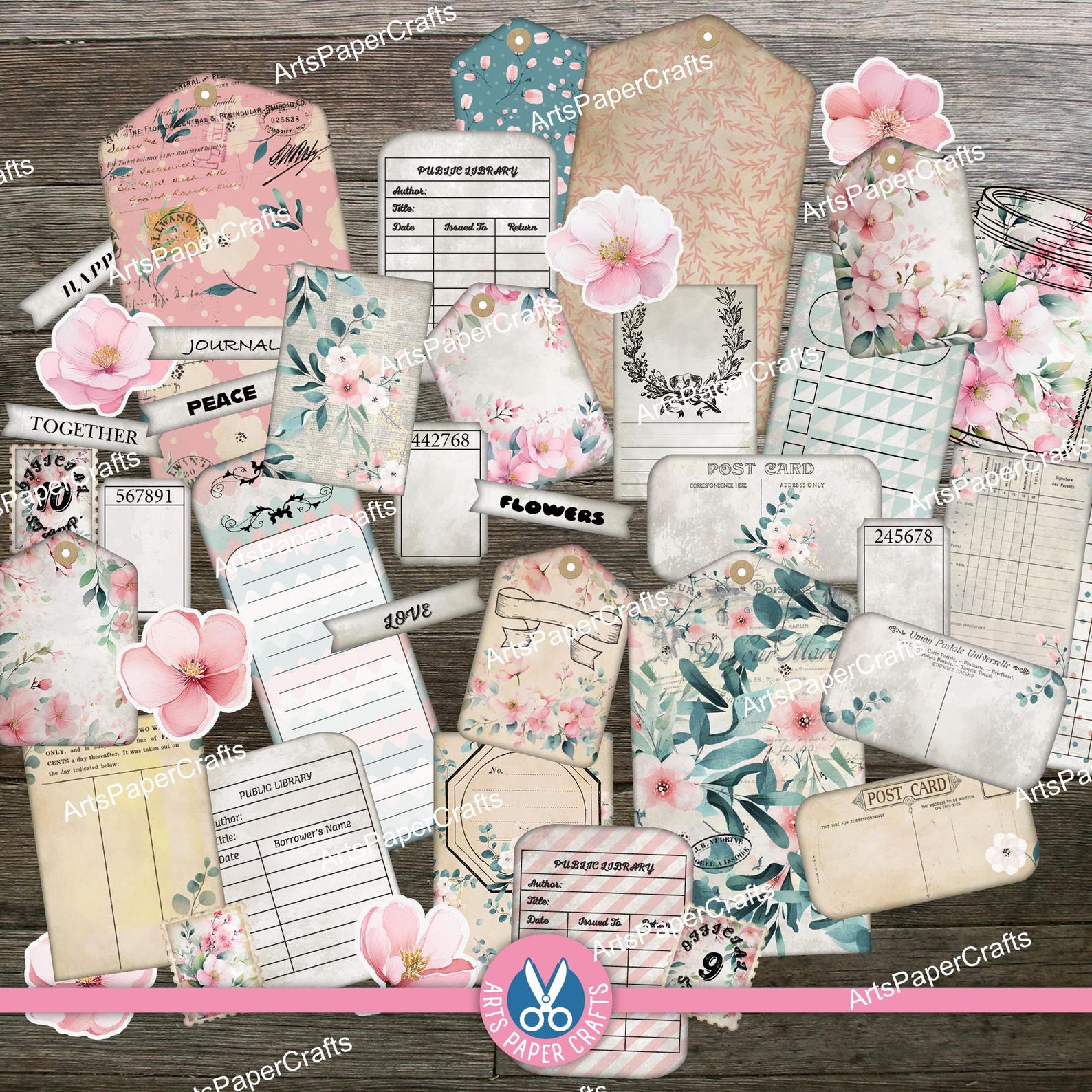 Pocket Tags, Green, Pink, Junk Journal Kit, Printable Ephemera, Collage ...
